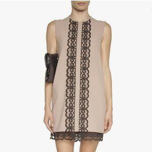 Dina Agam Anthropologie Old Rose Pink Crepe Black Lace Sleeveless Shift Dress L